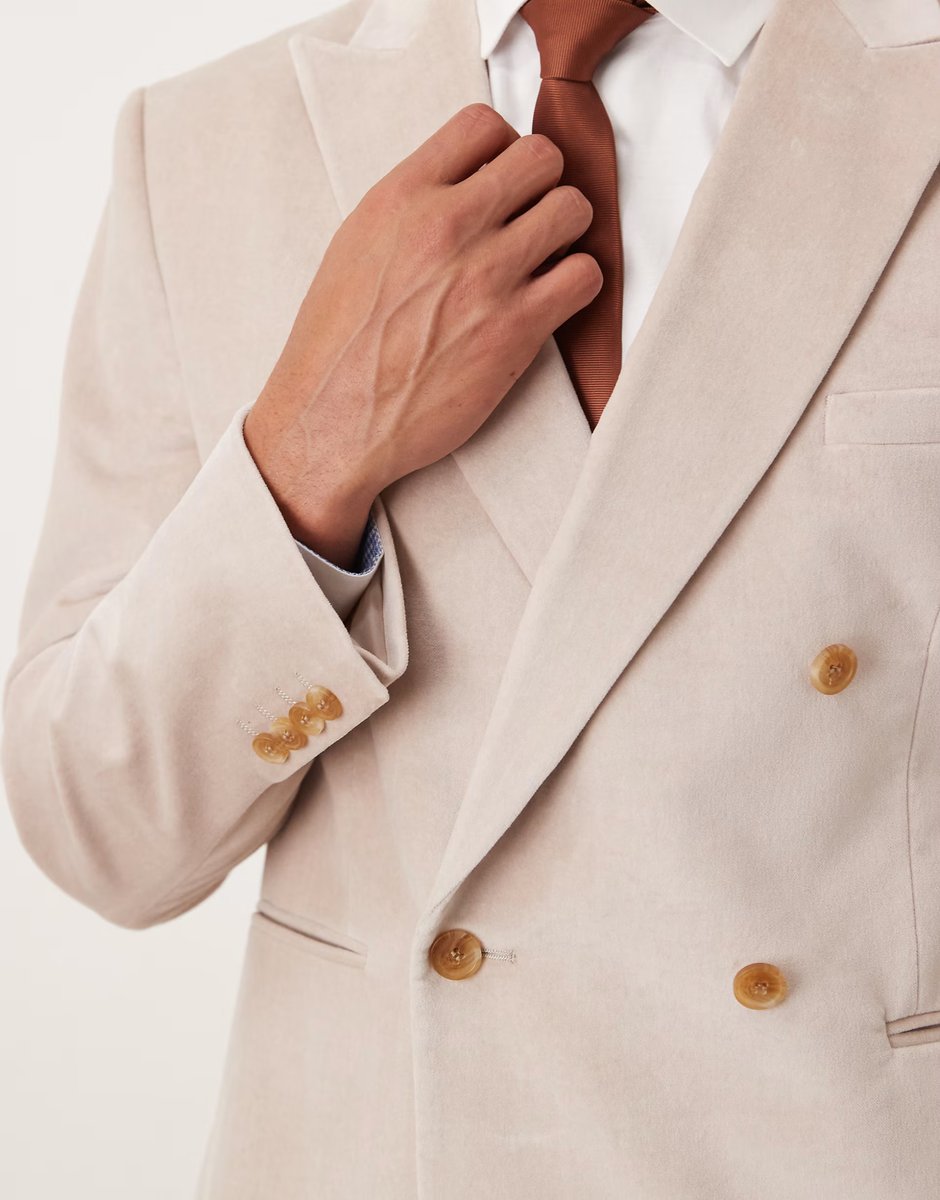 ASOS ASOS DESIGN slim double breasted suit jacket in stone lightweight cotton velvet - STONE - 4