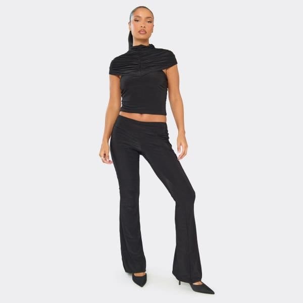 EGO Low Rise Flared Detail Trousers In Black Slinky, Women's Size UK 6 - 1