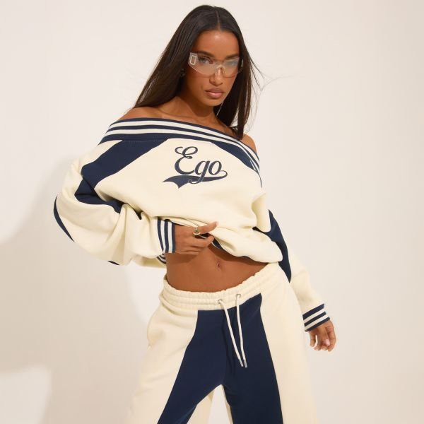 EGO Oversized Bardot Contrast Stripe Ego Graphic Sweater In Cream, Women's Size UK 8 - 1