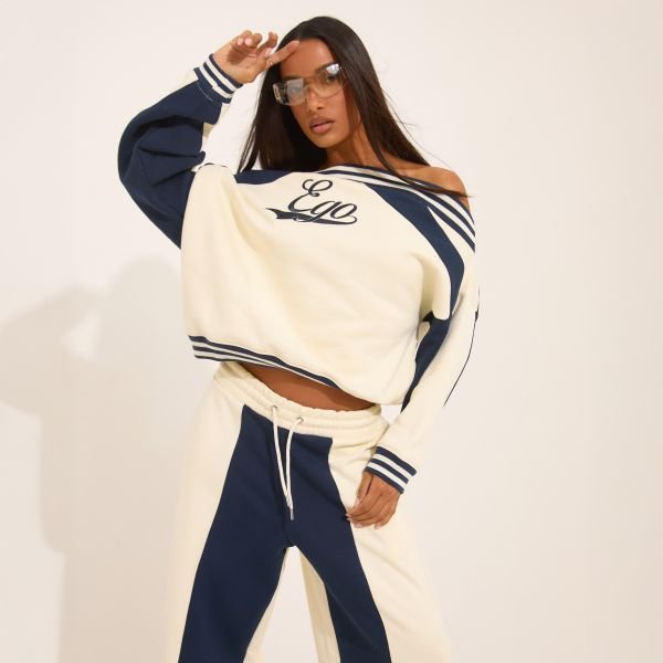 EGO Oversized Bardot Contrast Stripe Ego Graphic Sweater In Cream, Women's Size UK 8 - 2