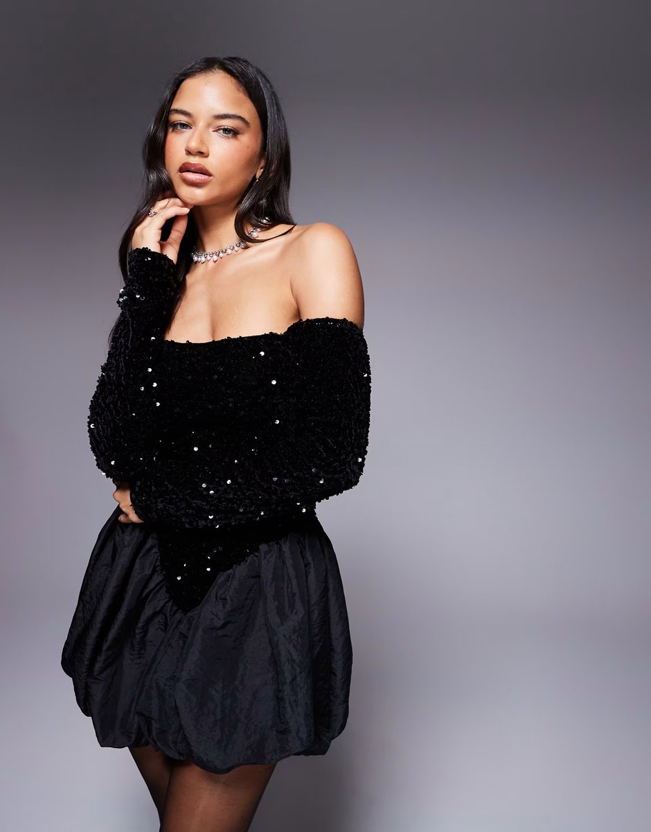 ASOS ASOS DESIGN sequin long sleeve bardot bubble hem mini dress in black - 3