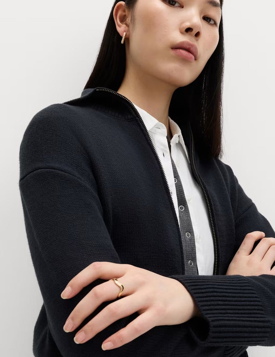 Marks & Spencer M&S Cotton Rich Pocket Detail Collared Knitted Jacket Midnight Navy - 4