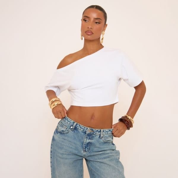 EGO Short Sleeve Slash Neck Ruched Top In White, Women's Size UK 8 - 1