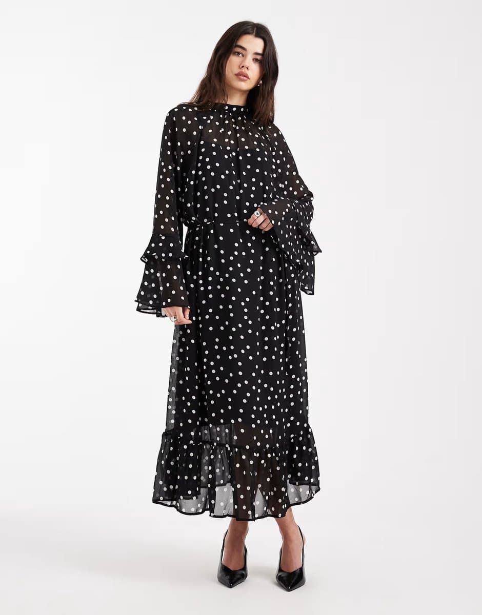 ASOS Object boho style ruffle maxi dress in black and white polka dot print