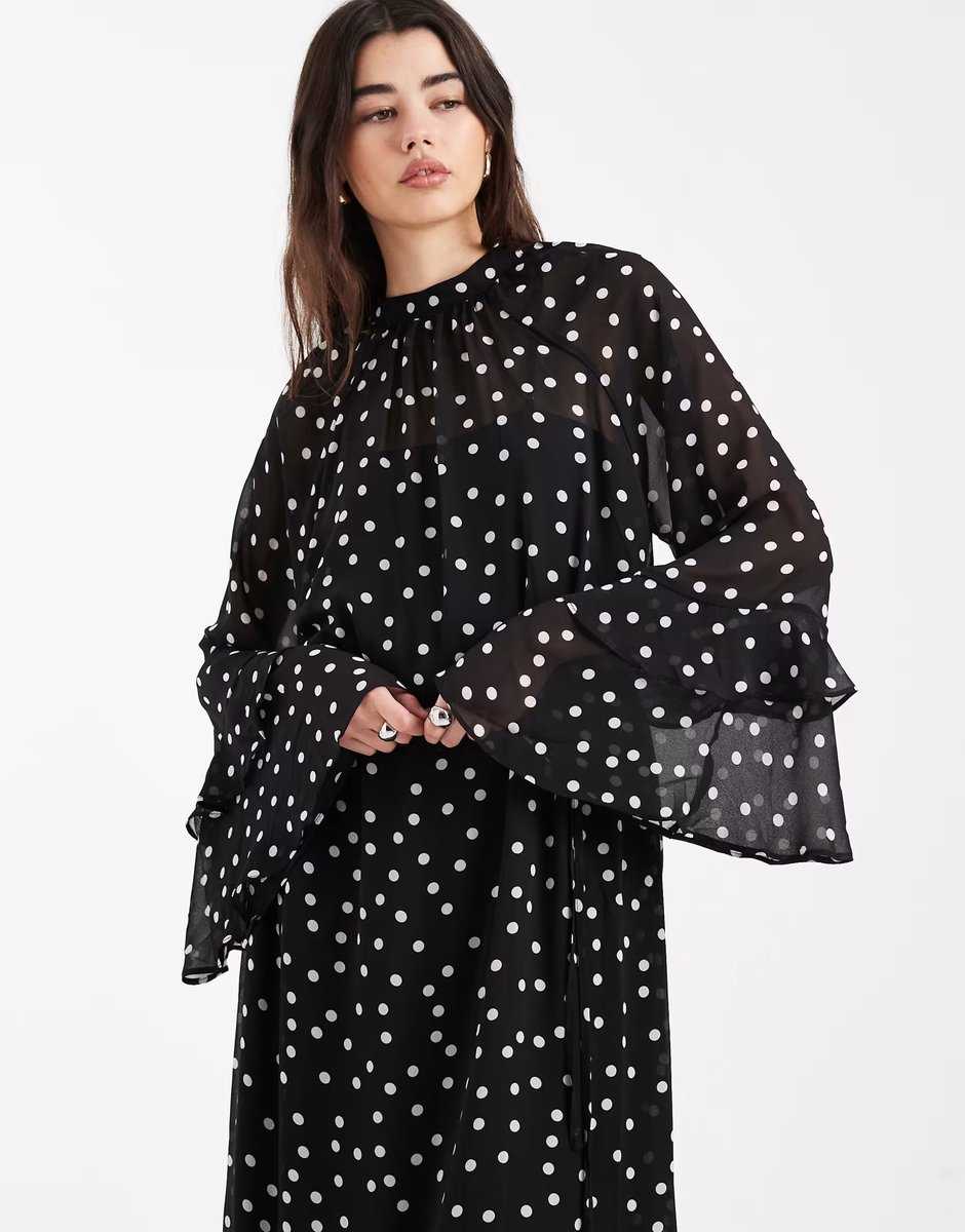 ASOS Object boho style ruffle maxi dress in black and white polka dot print - 4