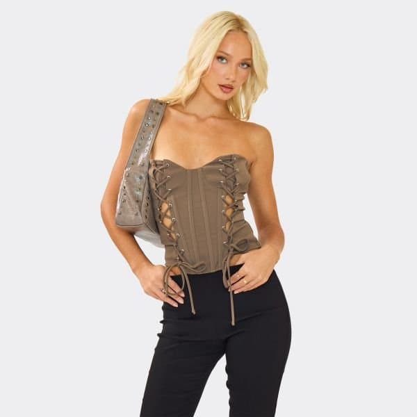 EGO Bandeau Lace Up Tie Detail Corset Top In Brown, Women's Size UK 6