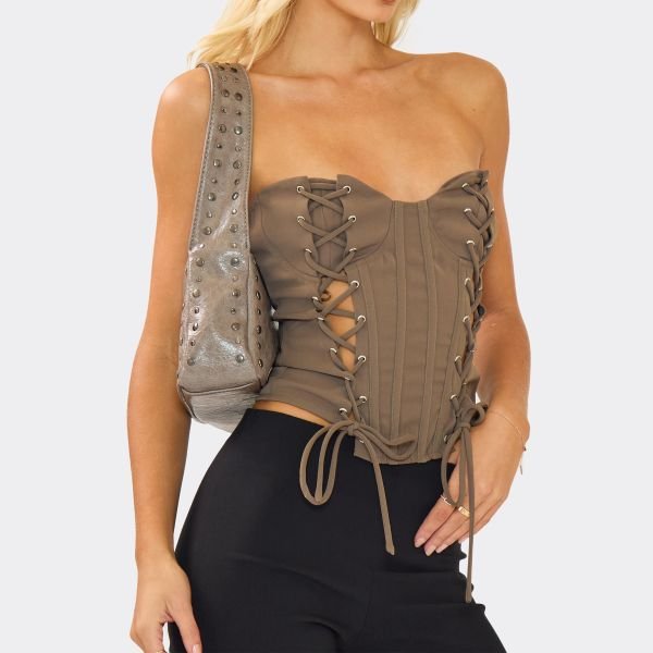 EGO Bandeau Lace Up Tie Detail Corset Top In Brown, Women's Size UK 6 - 2