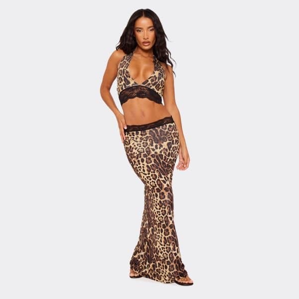 EGO Mid Rise Contrast Lace Hem Maxi Skirt In Brown Leopard Print, Women's Size UK 10
