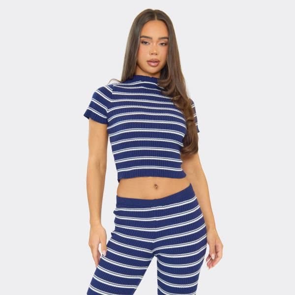 EGO EGO Short Sleeve Crop Top in Blue Stripe Rib Knit