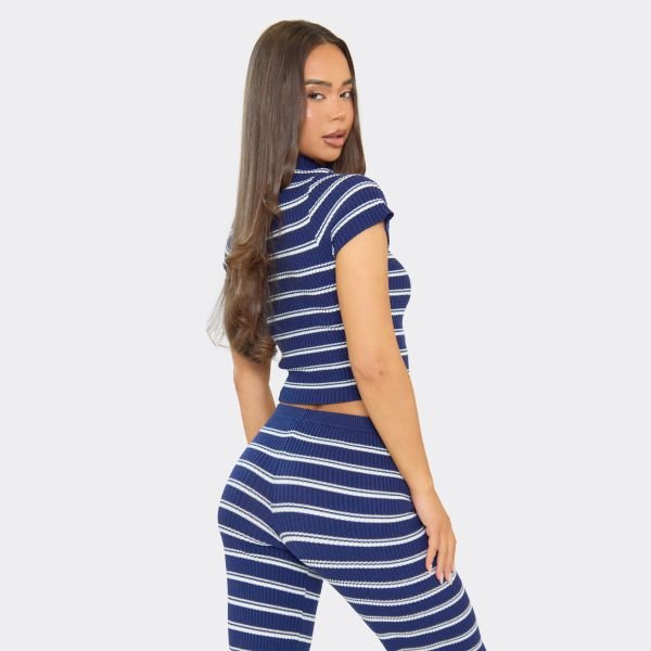 EGO Short Sleeve Crop Top In Blue Stripe Rib Knit, Women's Size UK Large L - 2