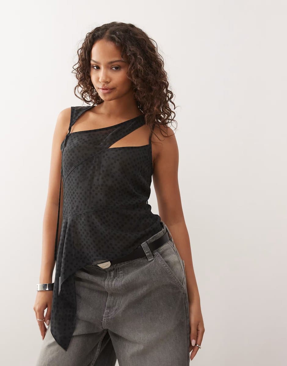 ASOS Weekday asymmetric cut away chiffon top in dark grey broken polka dot print