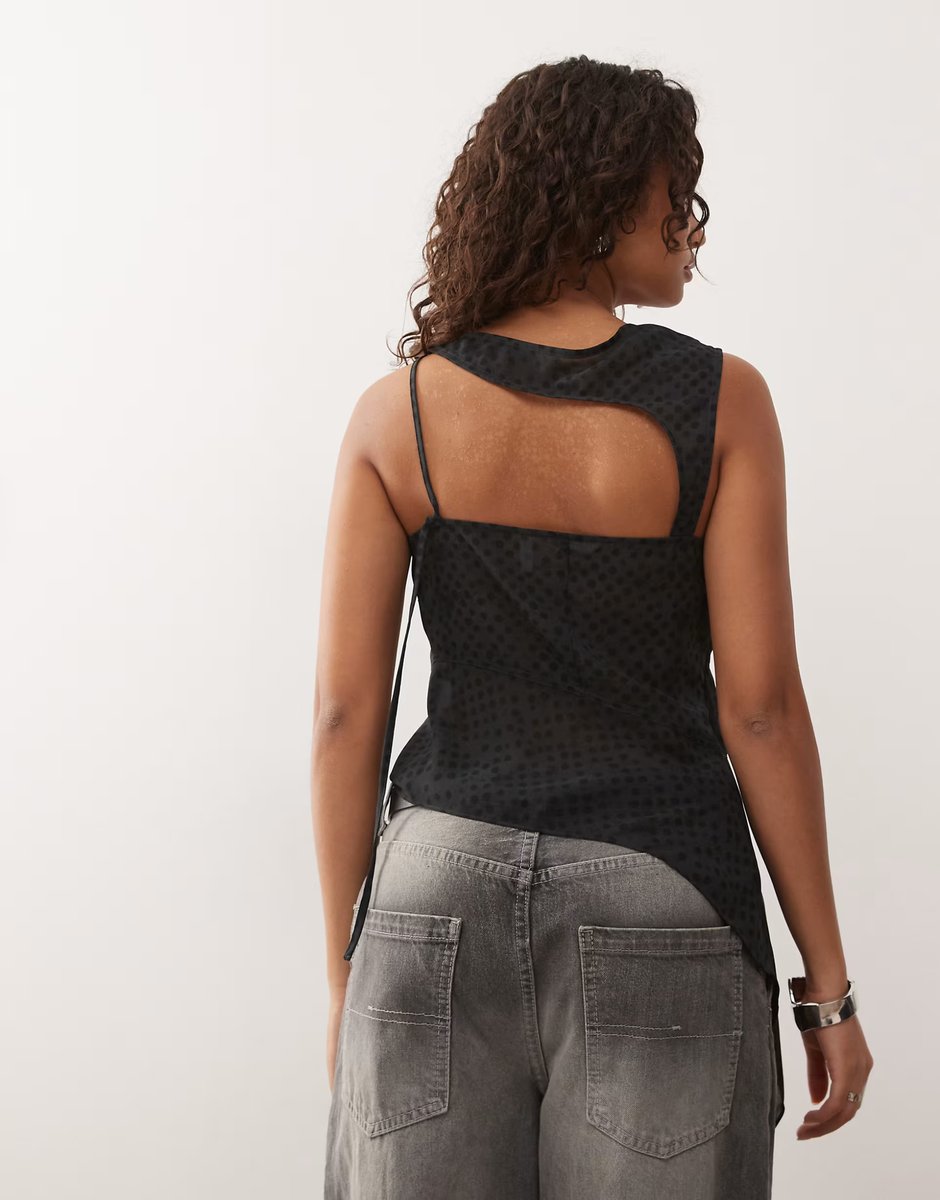 ASOS Weekday asymmetric cut away chiffon top in dark grey broken polka dot print - 3