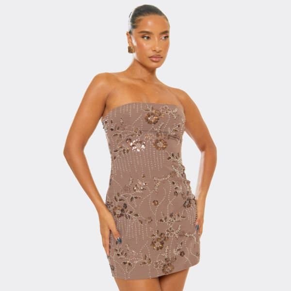EGO Bandeau Embellished Sequin Floral Mini Dress In Brown, Women's Size UK 6