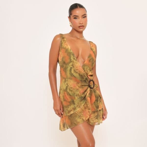 EGO Sleeveless Plunge Front Trim Detail Mini Dress In Multi Abstract Print, Women's Size UK 6