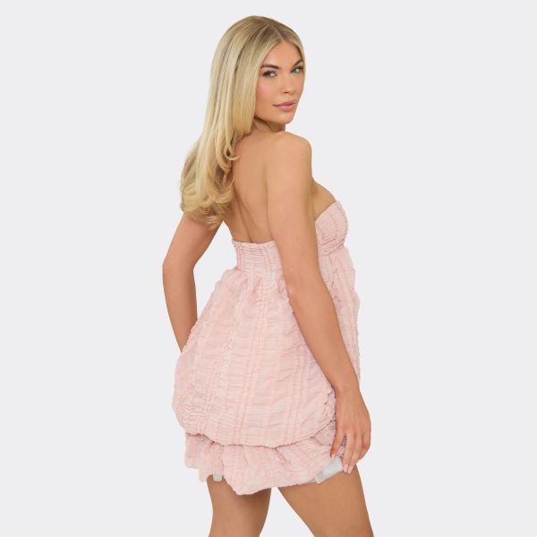 EGO Bandeau Puffball Ruffle Detail Mini Dress In Pink Textured, Women's Size UK 6 - 2