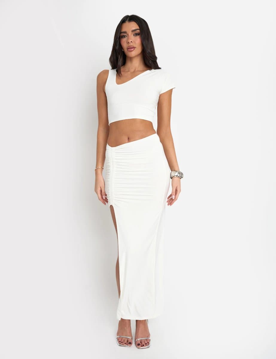 Public Desire Slinky Asymmetric Ruched Maxi Skirt Co Ord White