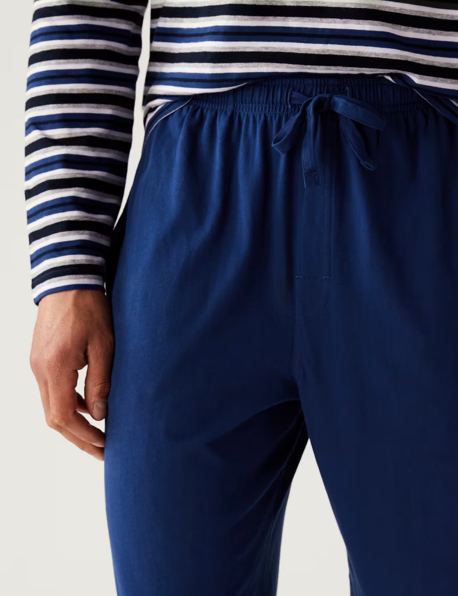 Marks & Spencer M&S Pure Cotton Striped Pyjama Set Blue Mix - 2