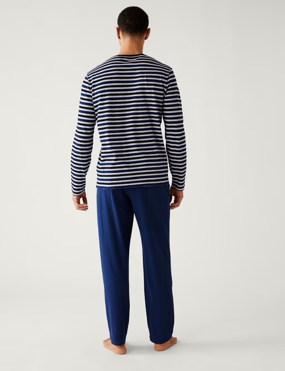 Marks & Spencer M&S Pure Cotton Striped Pyjama Set Blue Mix - 3