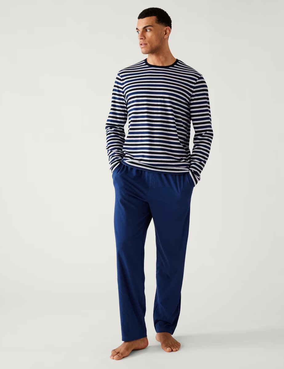 Marks & Spencer M&S Pure Cotton Striped Pyjama Set Blue Mix - 4