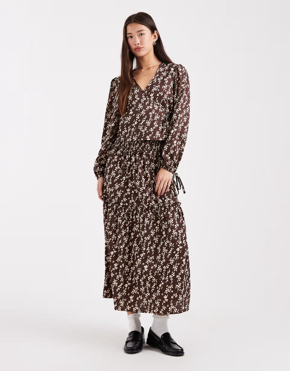 ASOS Wednesday's Girl ruffle detail a-line midaxi skirt in brown floral print - 1