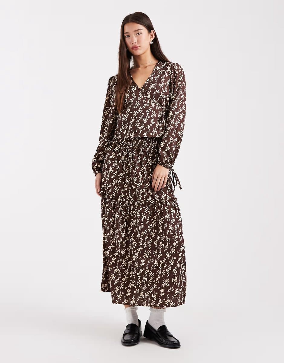 ASOS Wednesday's Girl ruffle detail a-line midaxi skirt in brown floral print