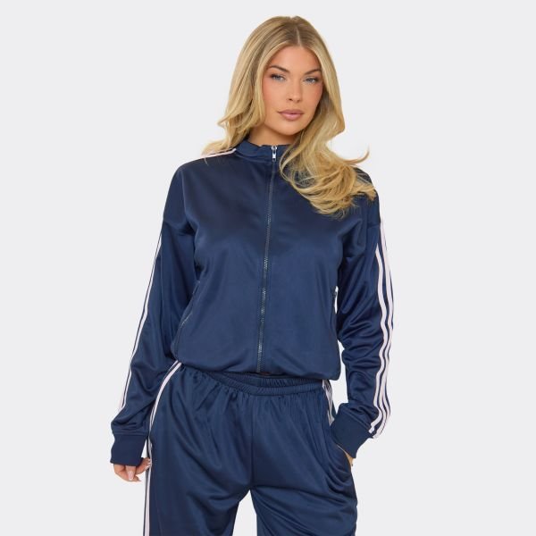 EGO Side Stripe Zip Up Track Jacket In Navy Blue, Women's Size UK 6 - 2
