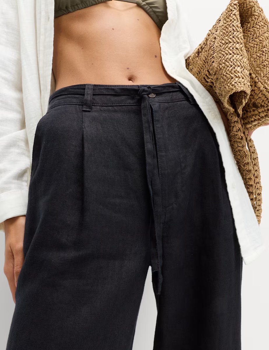 Marks & Spencer M&S Pure Linen Pleat Front Belted Tapered Trousers Black - 2