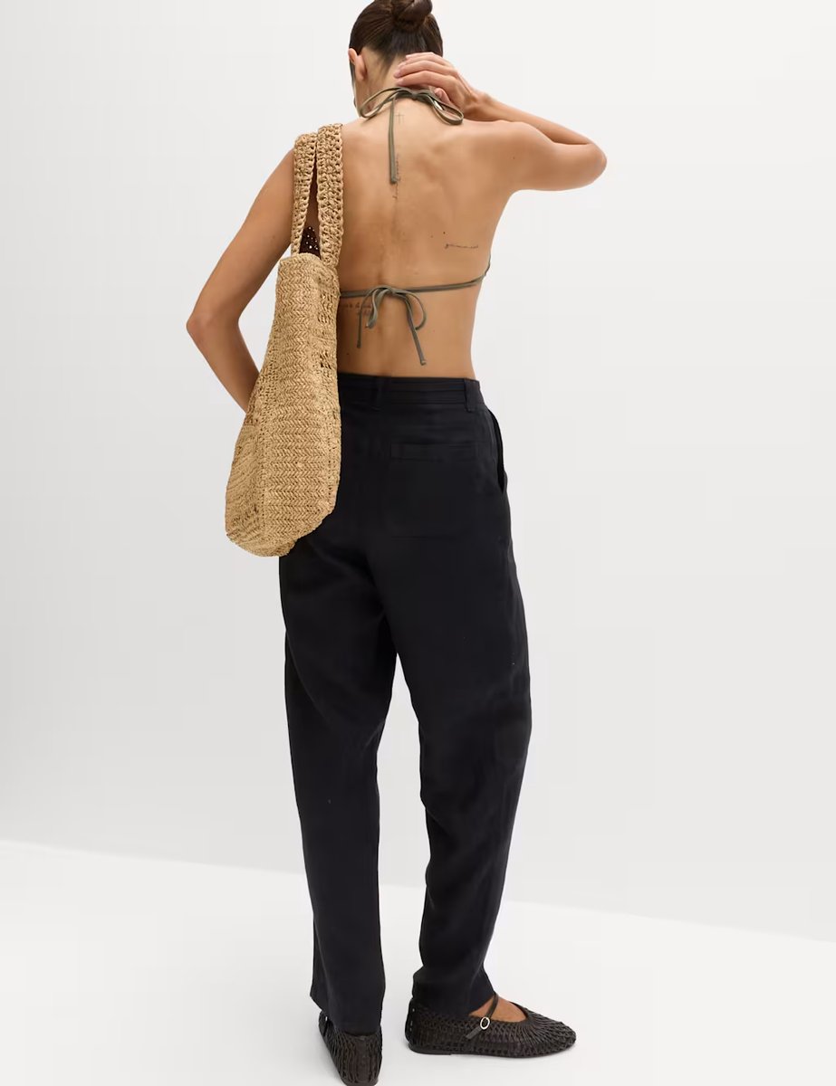 Marks & Spencer M&S Pure Linen Pleat Front Belted Tapered Trousers Black - 3