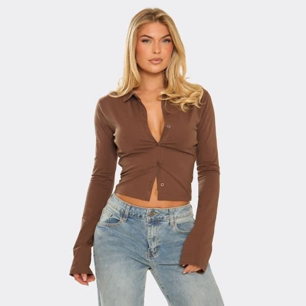 EGO Long Sleeve Button Down Polo Top In Chocolate Brown, Women's Size UK 4
