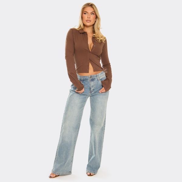 EGO Long Sleeve Button Down Polo Top In Chocolate Brown, Women's Size UK 4 - 2