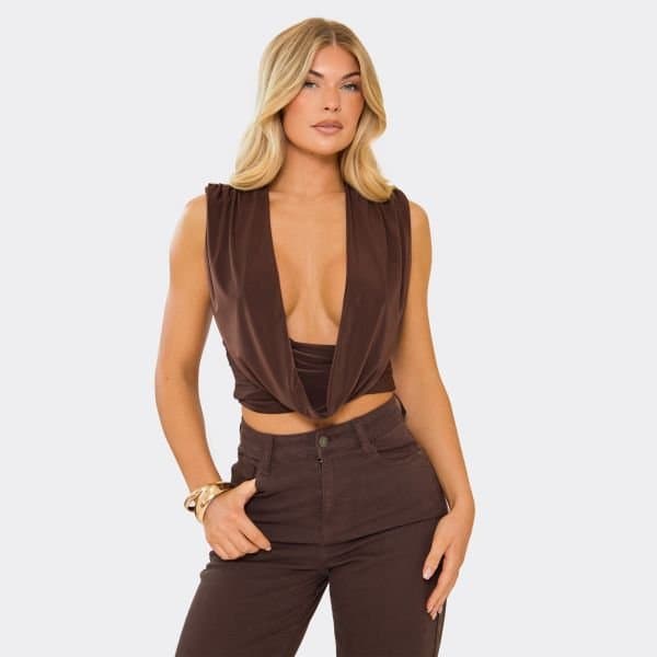 EGO EGO Cowl Neck Detail Top in Chocolate Brown Slinky