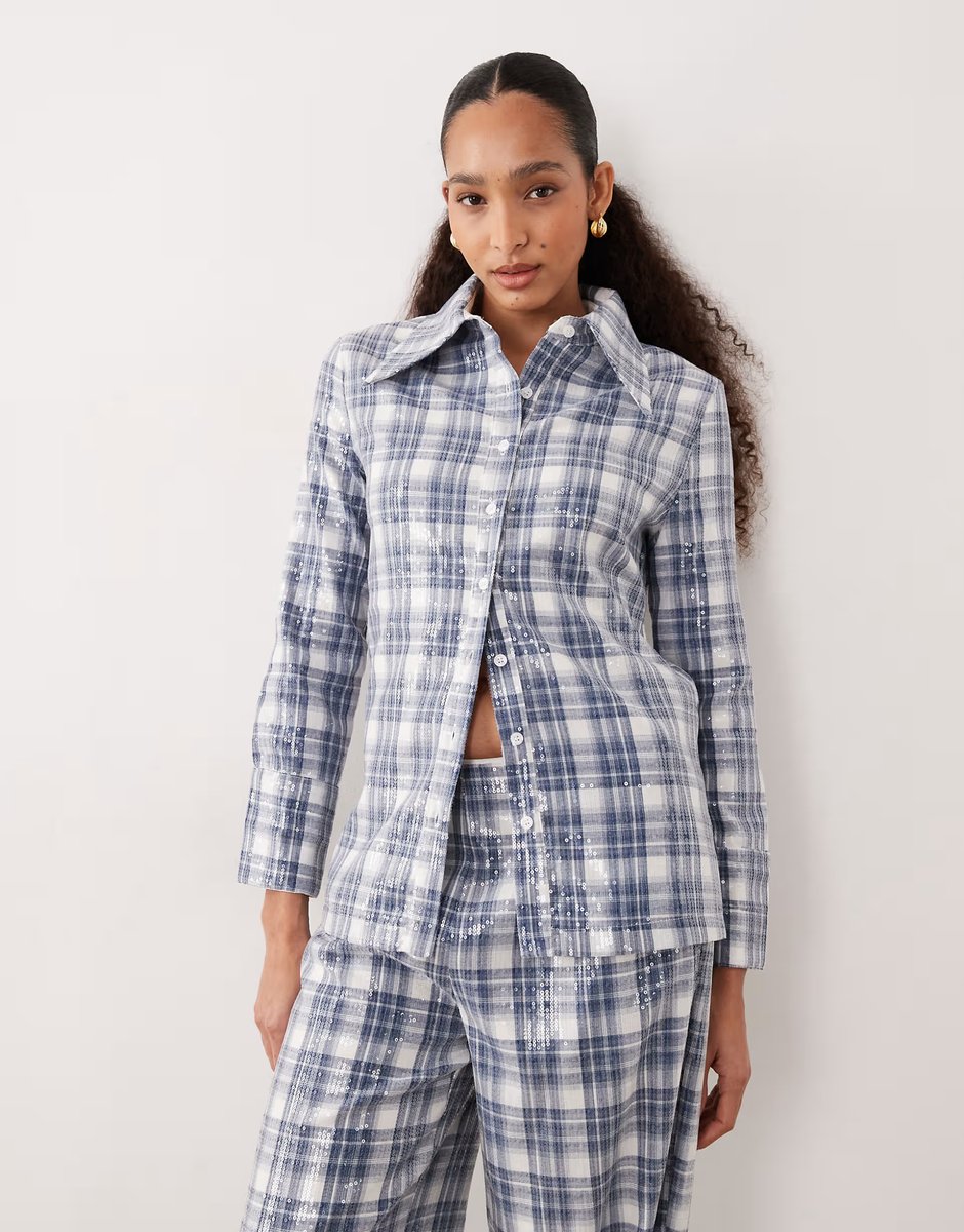 ASOS Ghospell Maya sequin shirt and trouser co-ord in blue tartan print - 2
