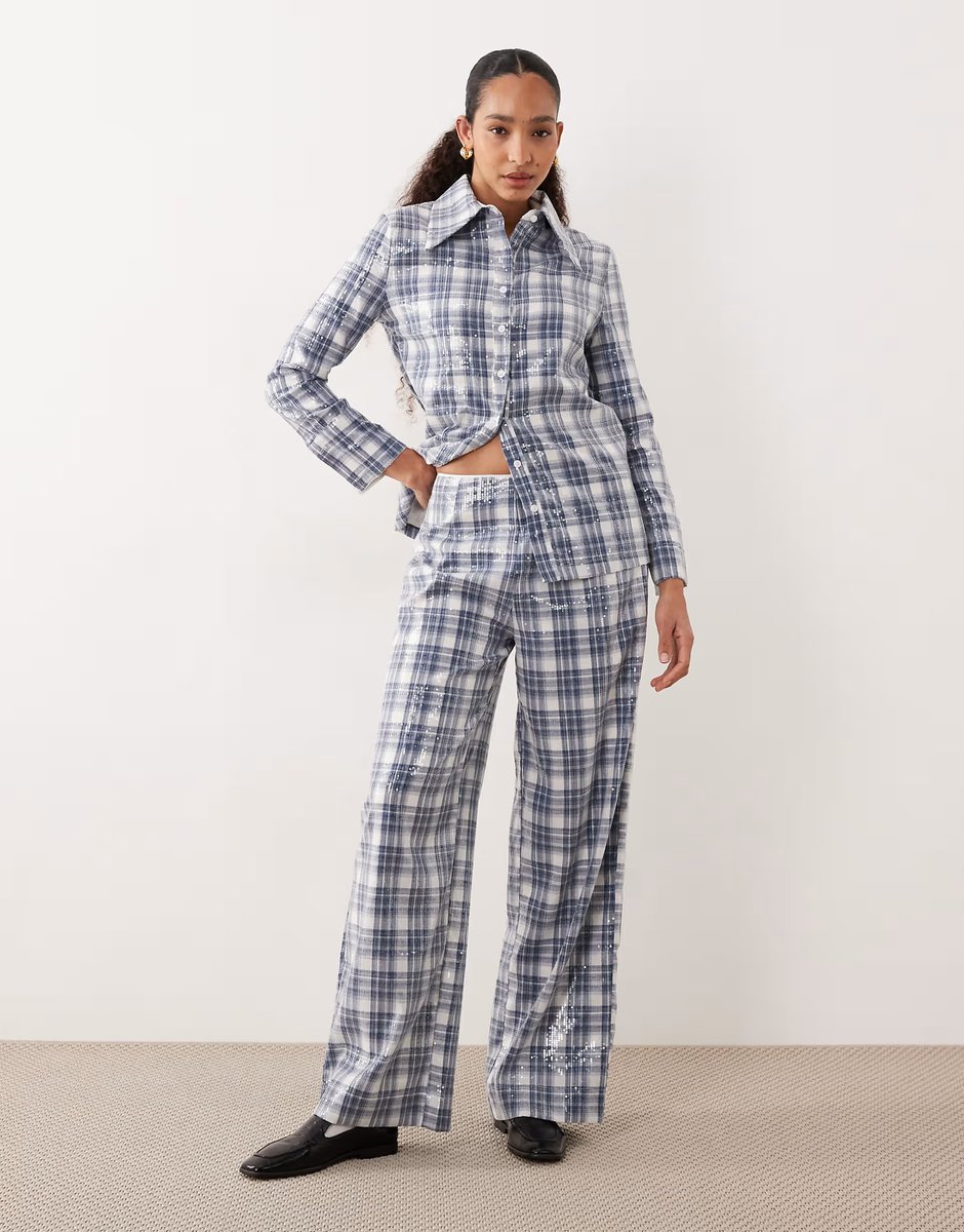 ASOS Ghospell Maya sequin shirt and trouser co-ord in blue tartan print - 3