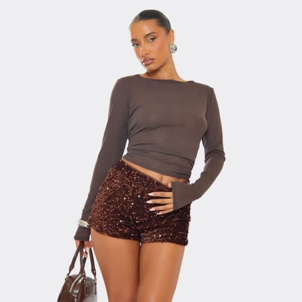 EGO Low Waist Sequin Hot Pant Shorts In Chocolate Brown Velvet, Women's Size UK 6