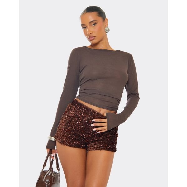 EGO Low Waist Sequin Hot Pant Shorts In Chocolate Brown Velvet, Women's Size UK 6 - 2