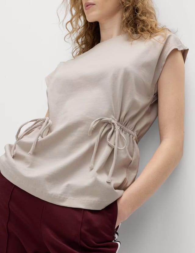 Marks & Spencer M&S Pure Cotton Tie Waist Oversized T-Shirt Light Beige - 2
