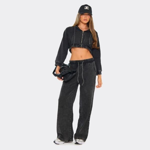EGO Tie Waist Detail Wide Leg Jeans In Washed Black Denim, Women's Size UK 6