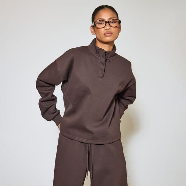EGO Heavyweight High Neck Button Up Sweatshirt In Chocolate Brown, Women's Size UK 6