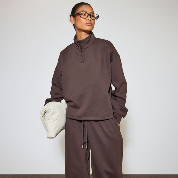 EGO Heavyweight High Neck Button Up Sweatshirt In Chocolate Brown, Women's Size UK 6 - 2