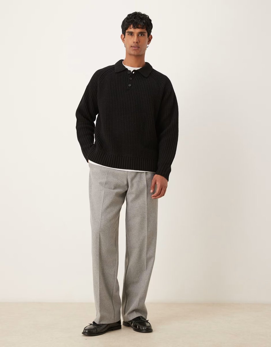 ASOS ASOS DESIGN oversized heavyweight knitted wool blend rib polo jumper in black - 2