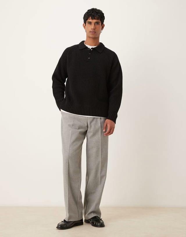 ASOS ASOS DESIGN oversized heavyweight knitted wool blend rib polo jumper in black - 2