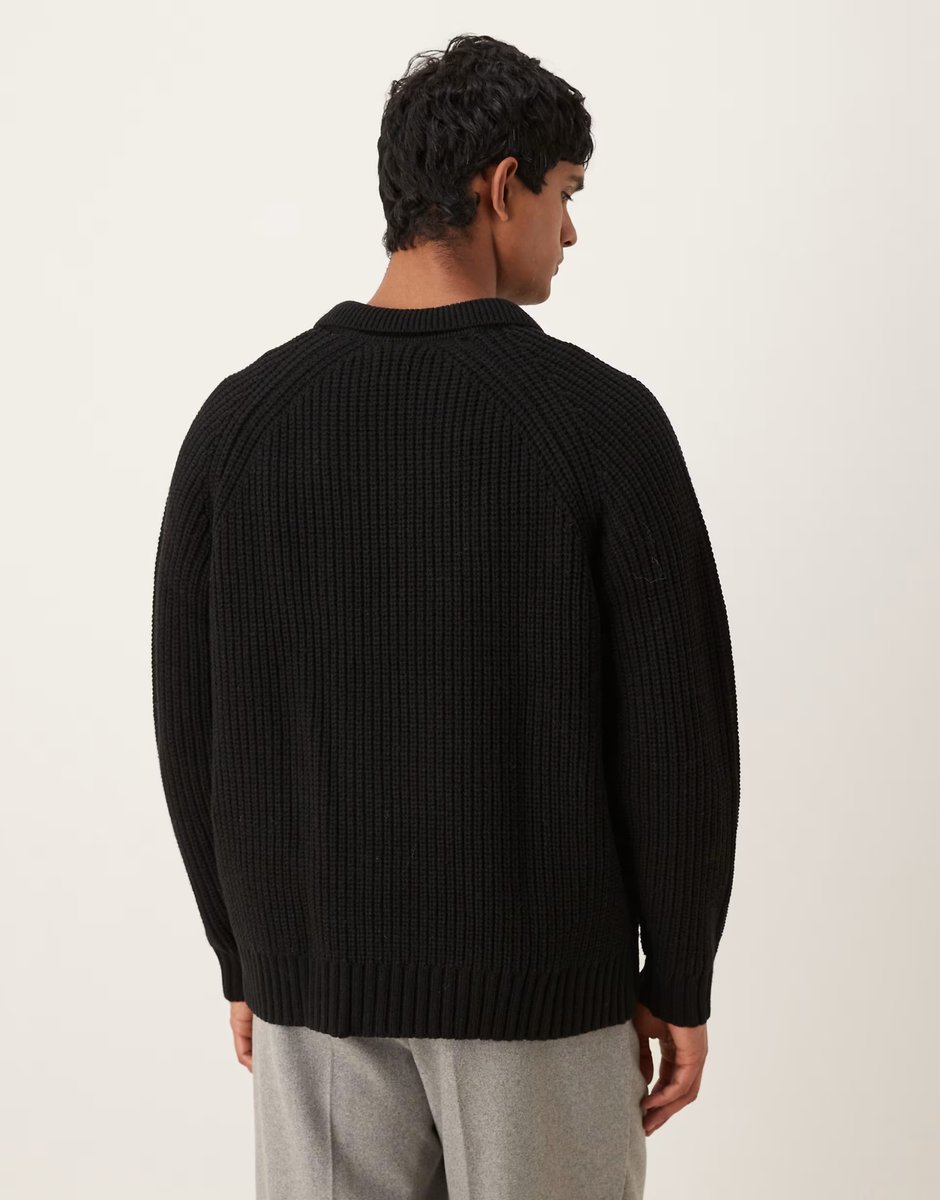 ASOS ASOS DESIGN oversized heavyweight knitted wool blend rib polo jumper in black - 3