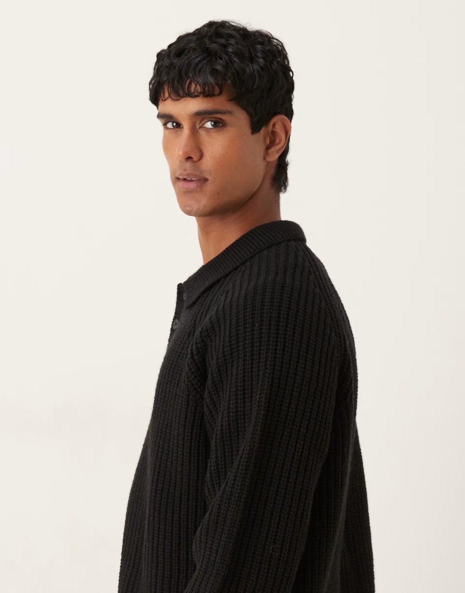 ASOS ASOS DESIGN oversized heavyweight knitted wool blend rib polo jumper in black - 4