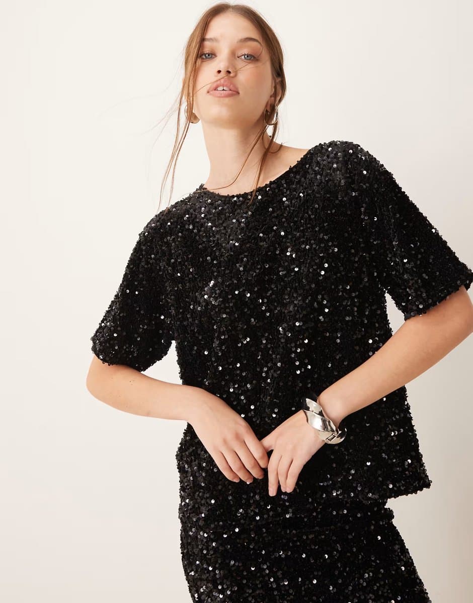 ASOS Vila sequin & velour t-shirt co-ord in black