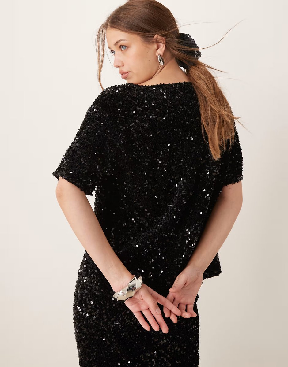 ASOS Vila sequin & velour t-shirt co-ord in black - 3