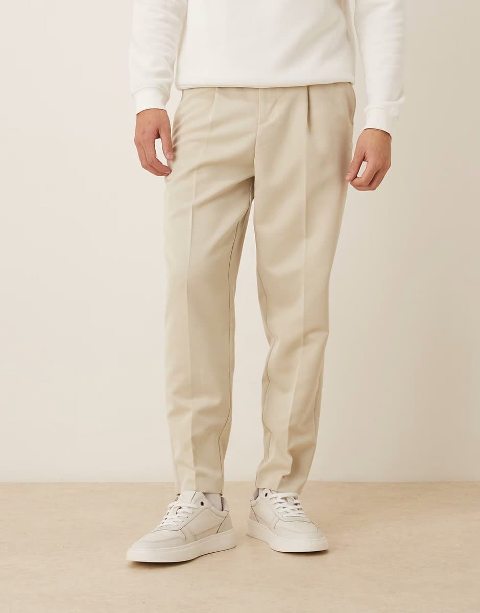 ASOS ASOS DESIGN smart pleated relaxed tapered trousers in ecru