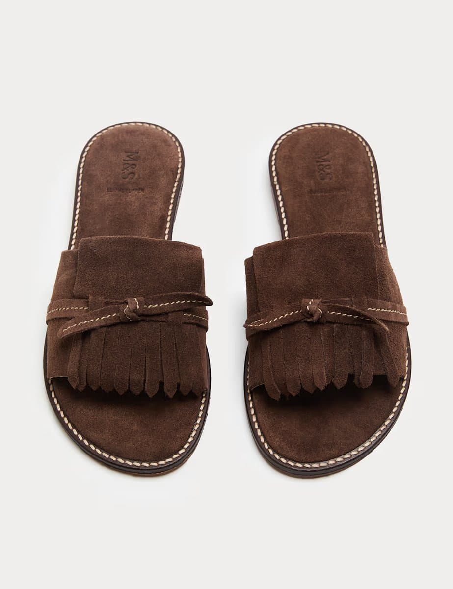 Marks & Spencer M&S Suede Fringed Flat Mules Brown