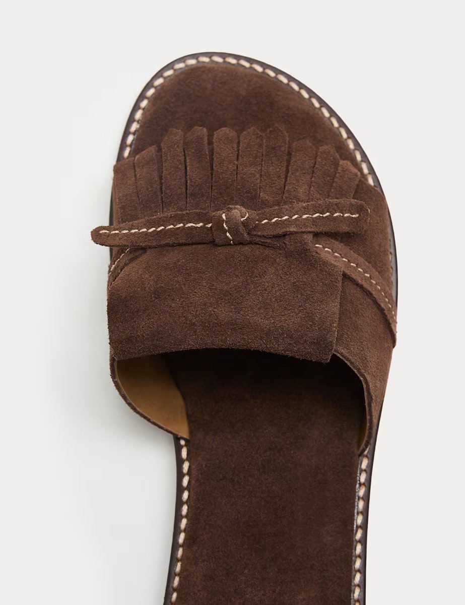 Marks & Spencer M&S Suede Fringed Flat Mules Brown - 2