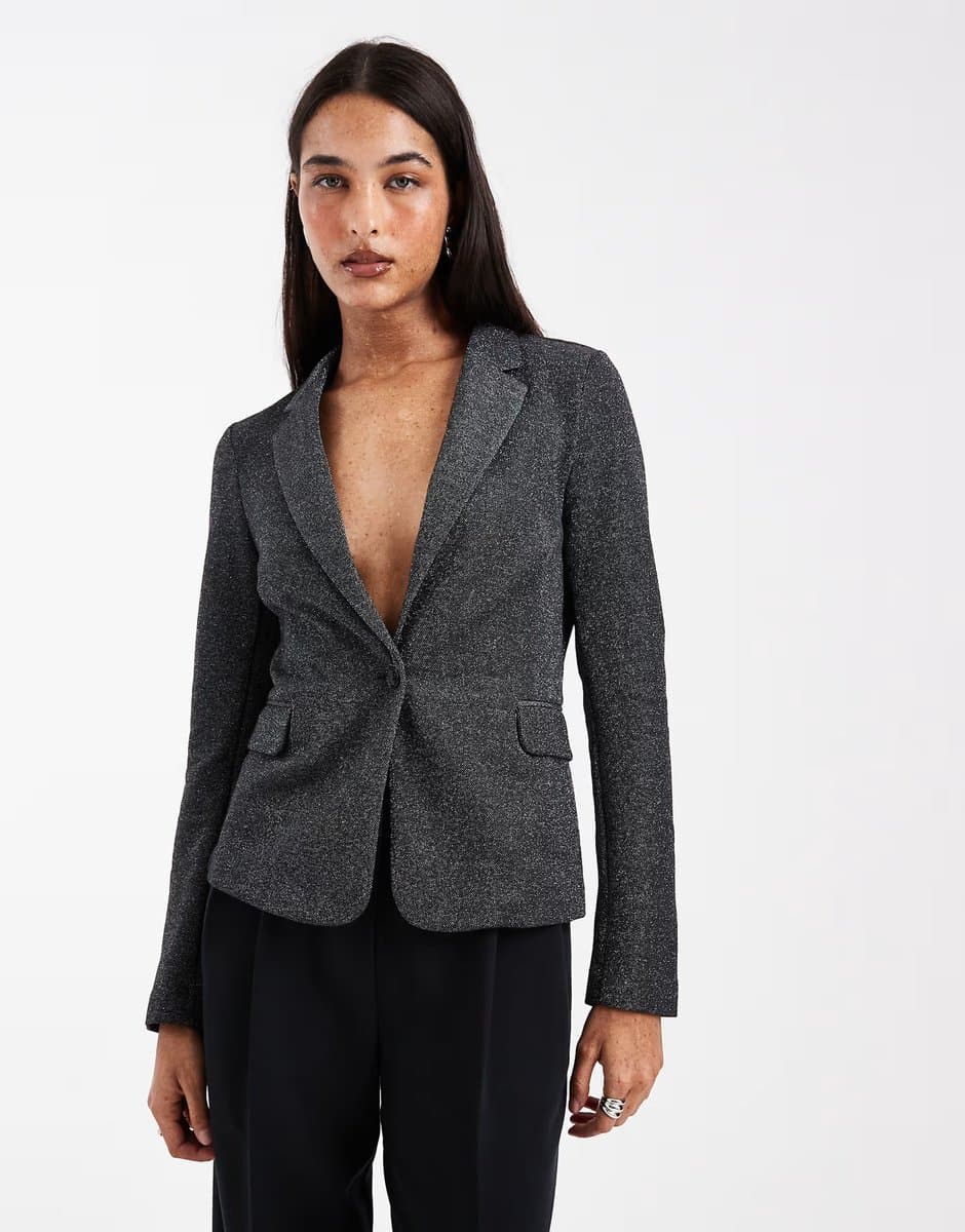 ASOS Vero Moda glitter fitted stretch blazer in black and silver