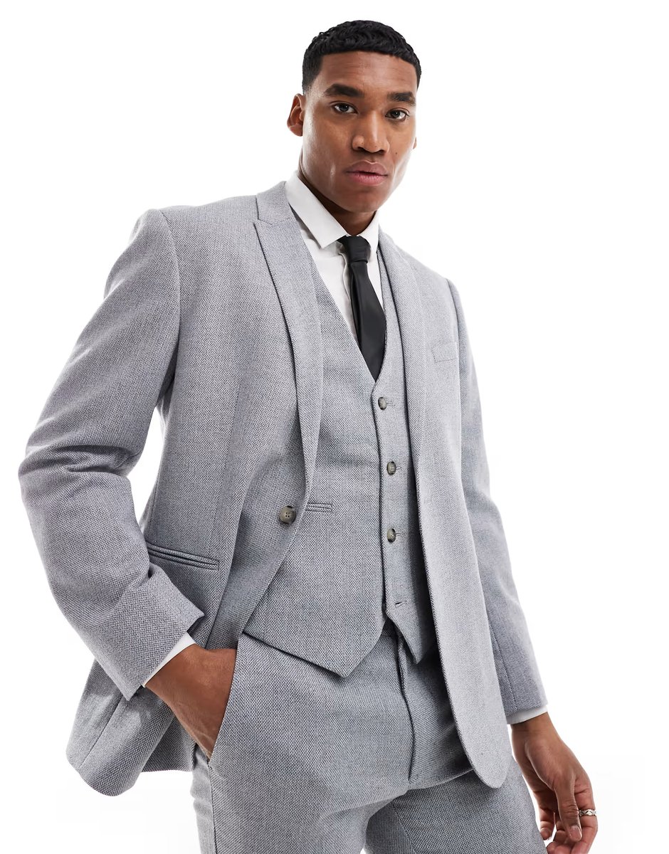 ASOS ASOS DESIGN slim fit wool mix suit jacket in grey basketweave - 2